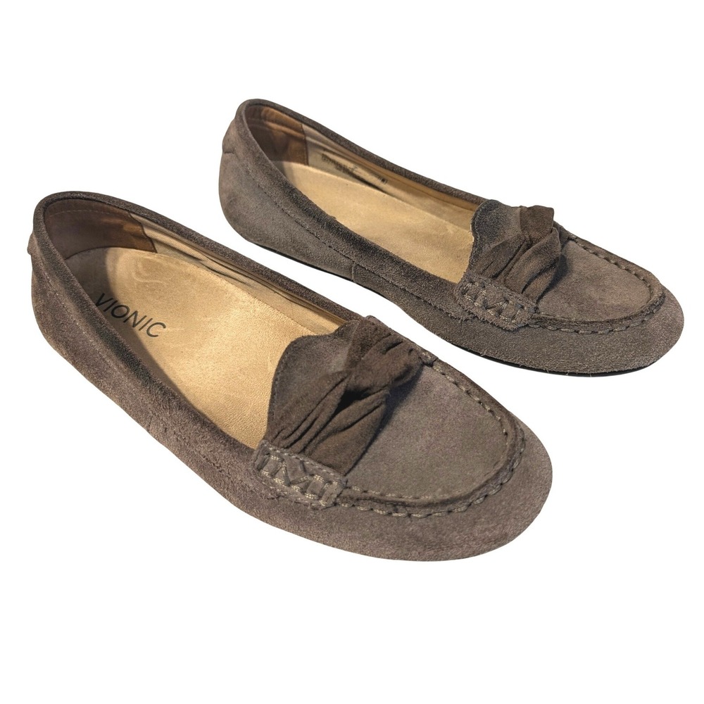 Vionic Norah Suede Leather Moccasin Loafers Flat Shoes Taupe Brown Womens 8.5